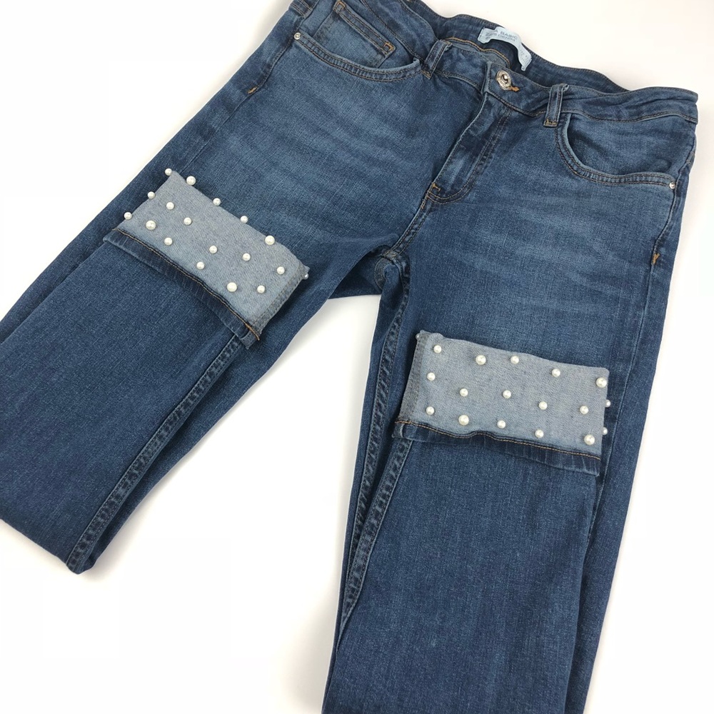 Zara mid rise pearl cuffs Embellished Jeans Sz 10